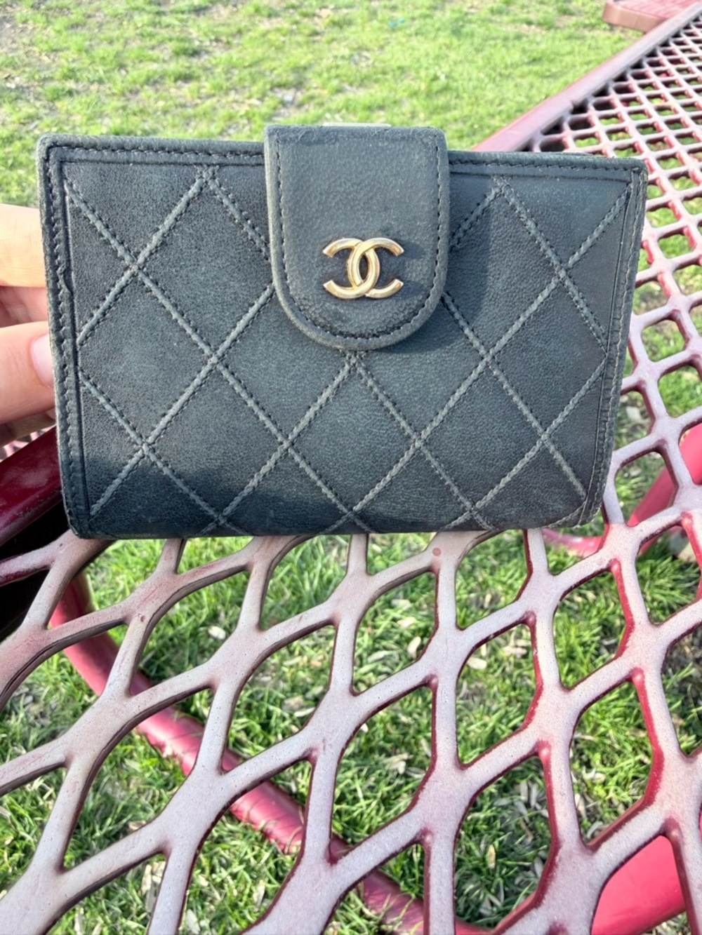 CHANEL Black Quilted Suede Card Holder with Gold CC